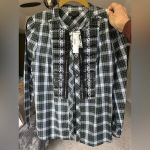 NWT Women’s J. Crew Black and Green Plaid Button Down Shirt sequins beaded Med